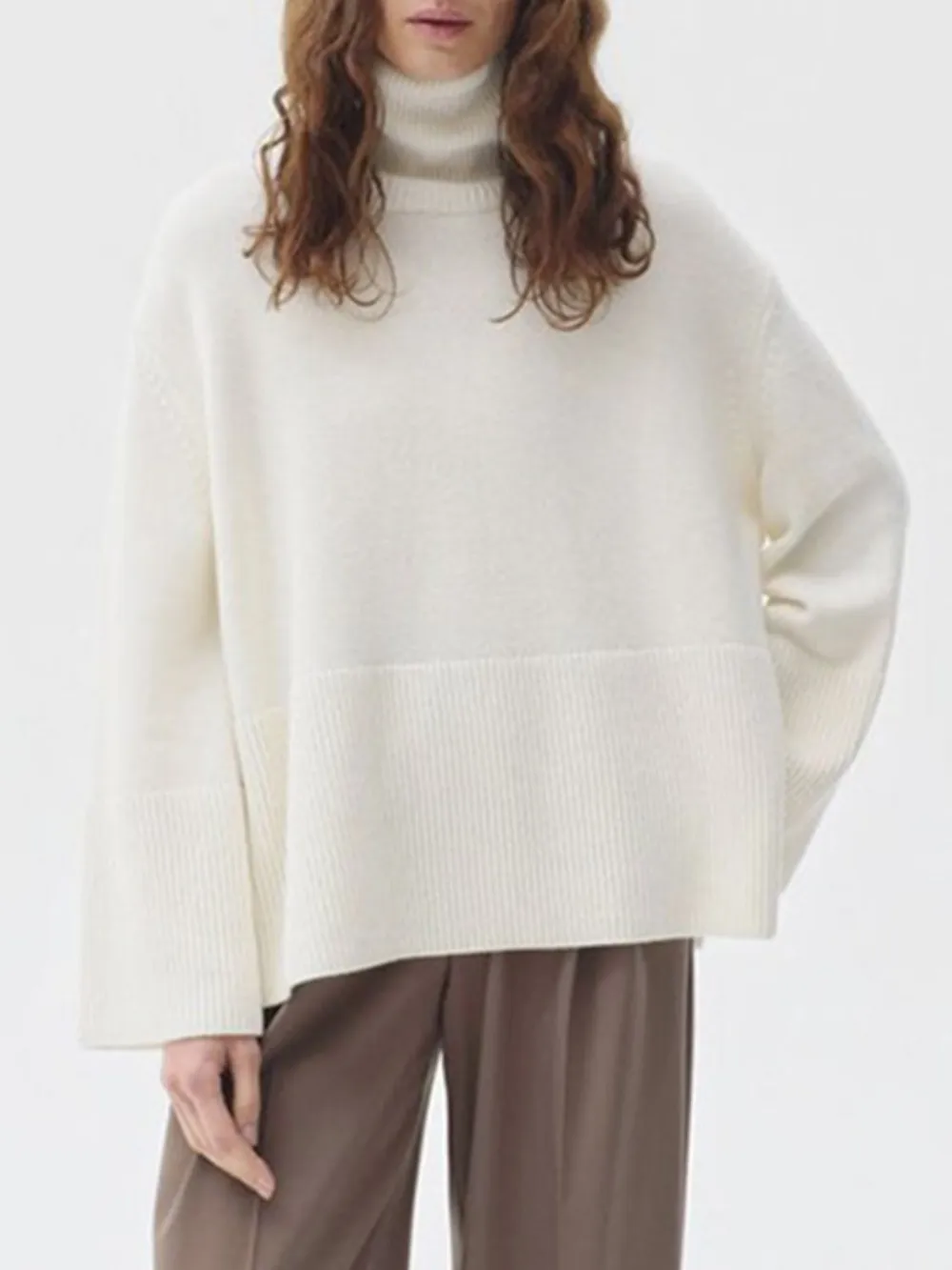 Side Slit Turtleneck Drop Shoulder Sweater, image 4