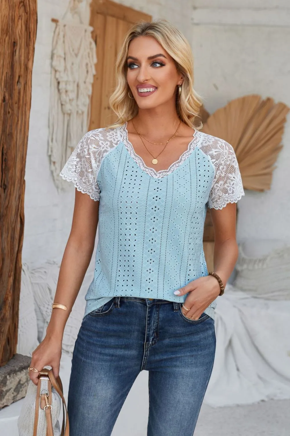 Eyelet V-Neck Lace Short Sleeve T-Shirt, image 36