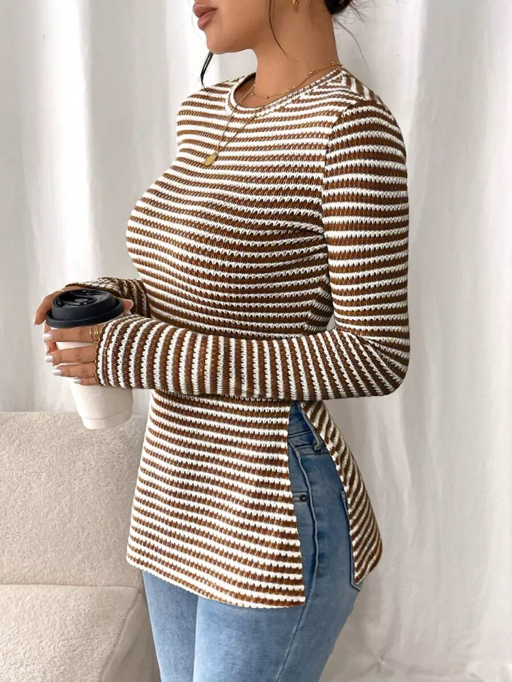 Slit Striped Long Sleeve Casual T-Shirt, image 21