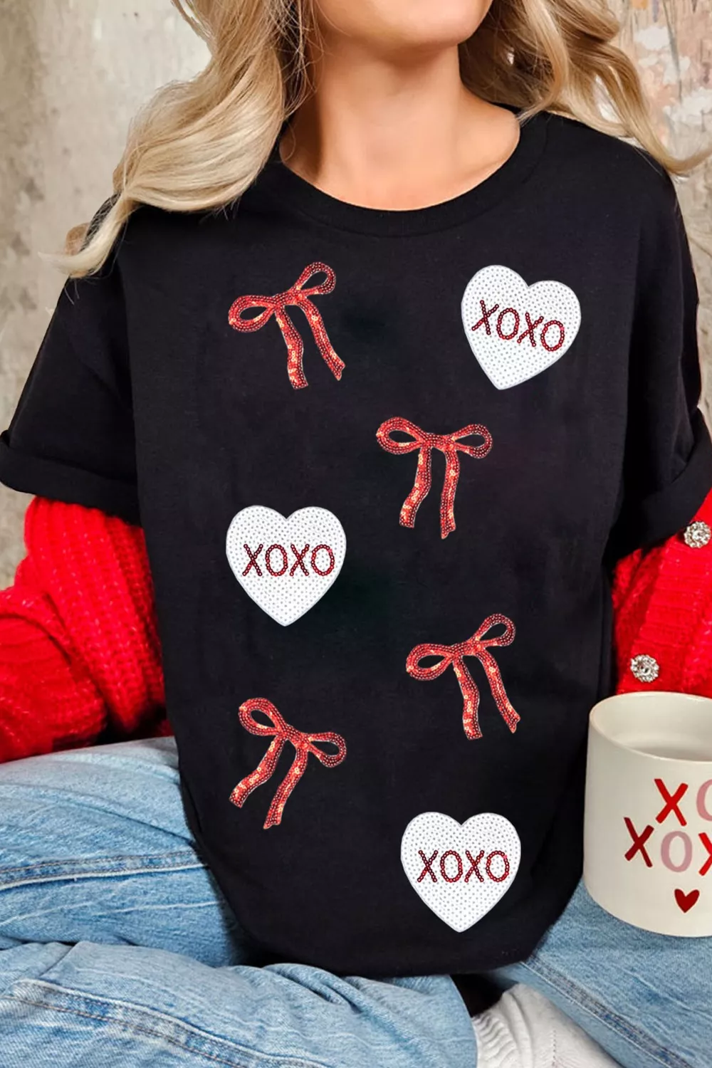 Valentines Bow XOXO Heart Sequin Patched Loose T Shirt, image 3