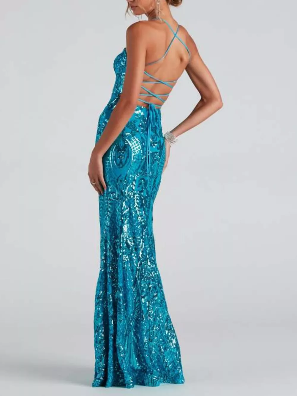 Sequin Embellished Bodycon Backless Evening Dress with Back Lace-Up, image 2