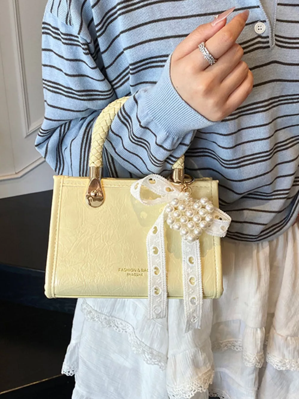 Braided Handle Pearl Decor Crossbody Bag, image 10