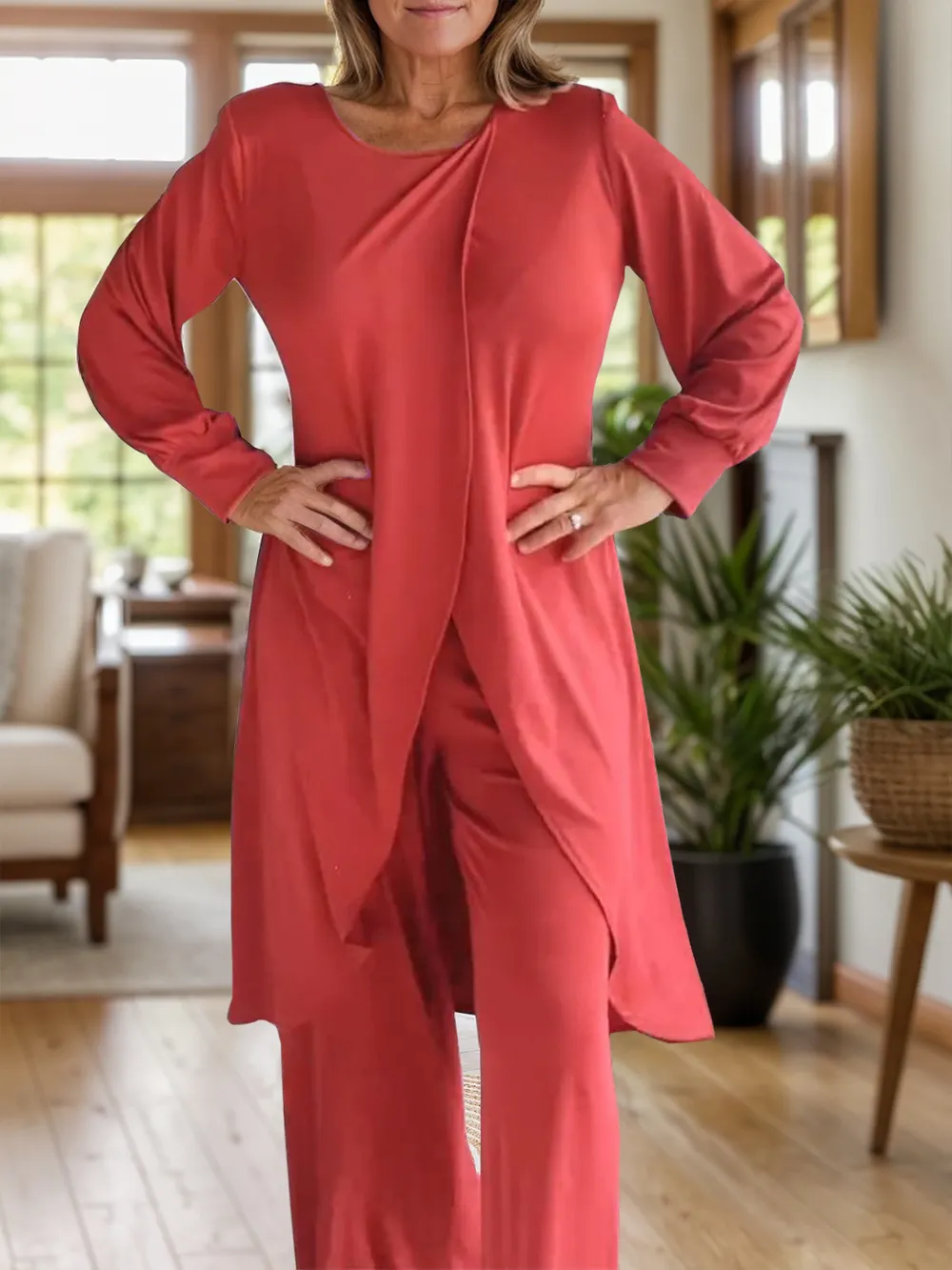 Full Size Slit Round Neck Long Sleeve Top and Pants Set, image 4