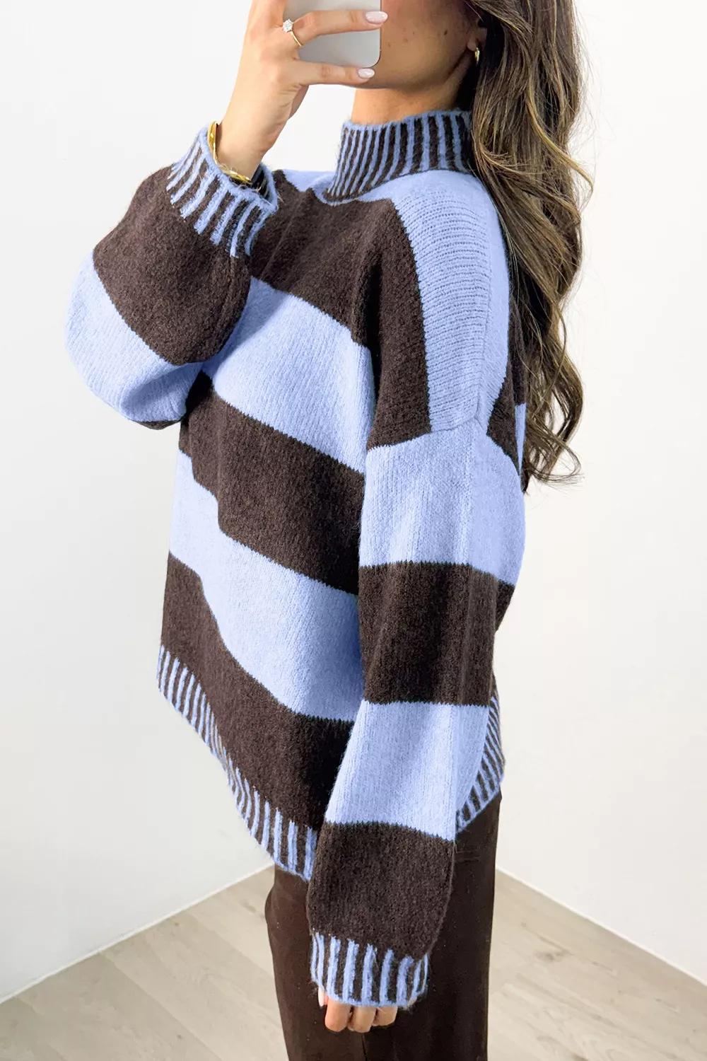 Striped Mock Neck Dropped Shoulder Sweater, image 4