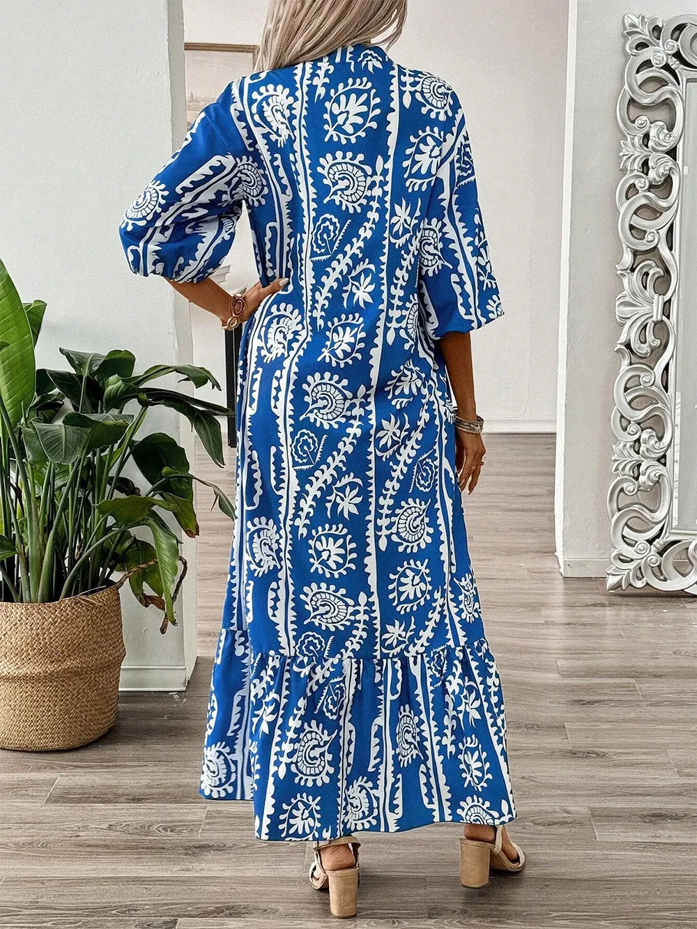 Printed Notched Half Sleeve Maxi Dress, image 4