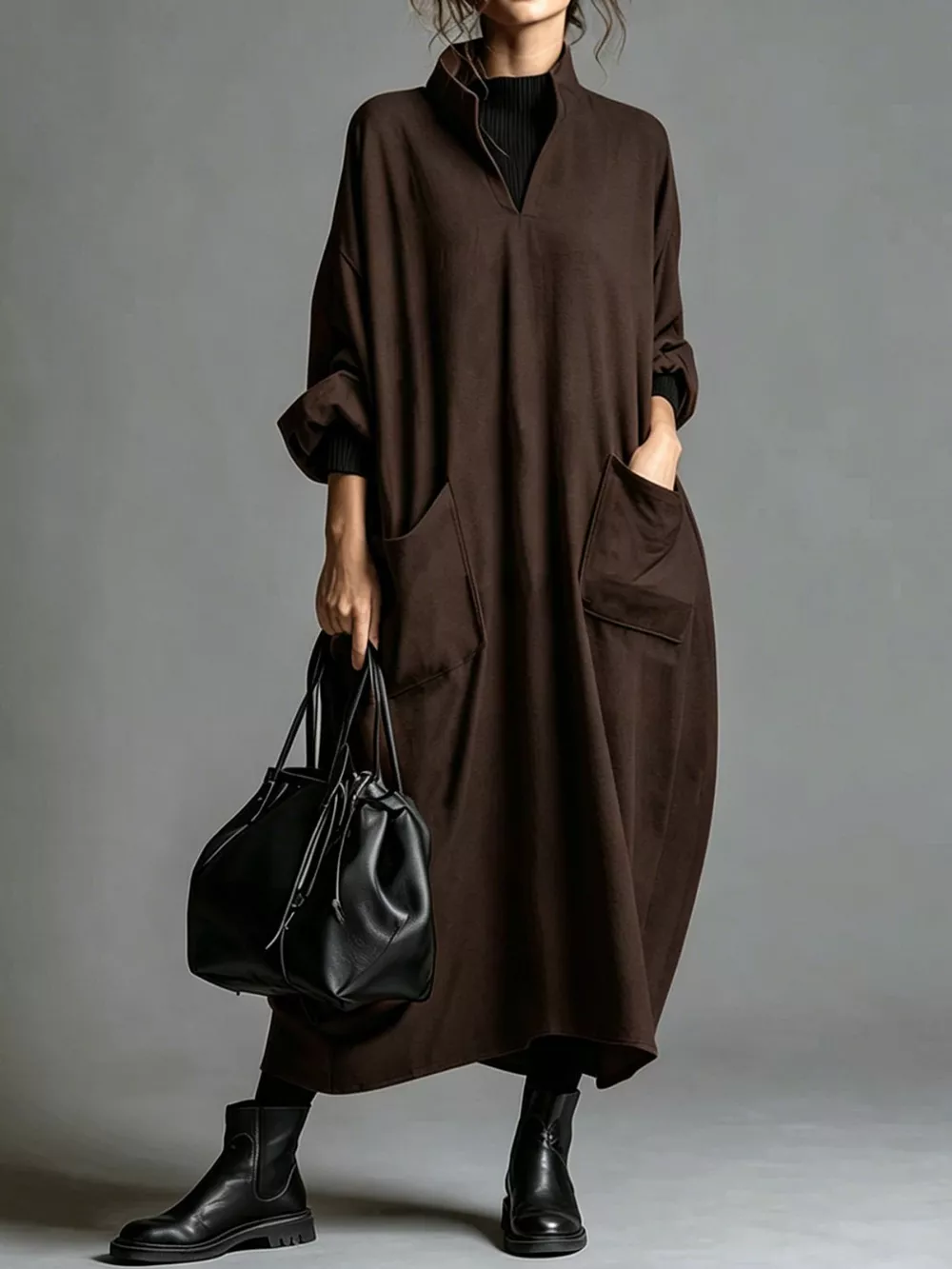 Full Size Loose-Fit Mock Neck Midi Dress with Pockets Plus Size, image 2