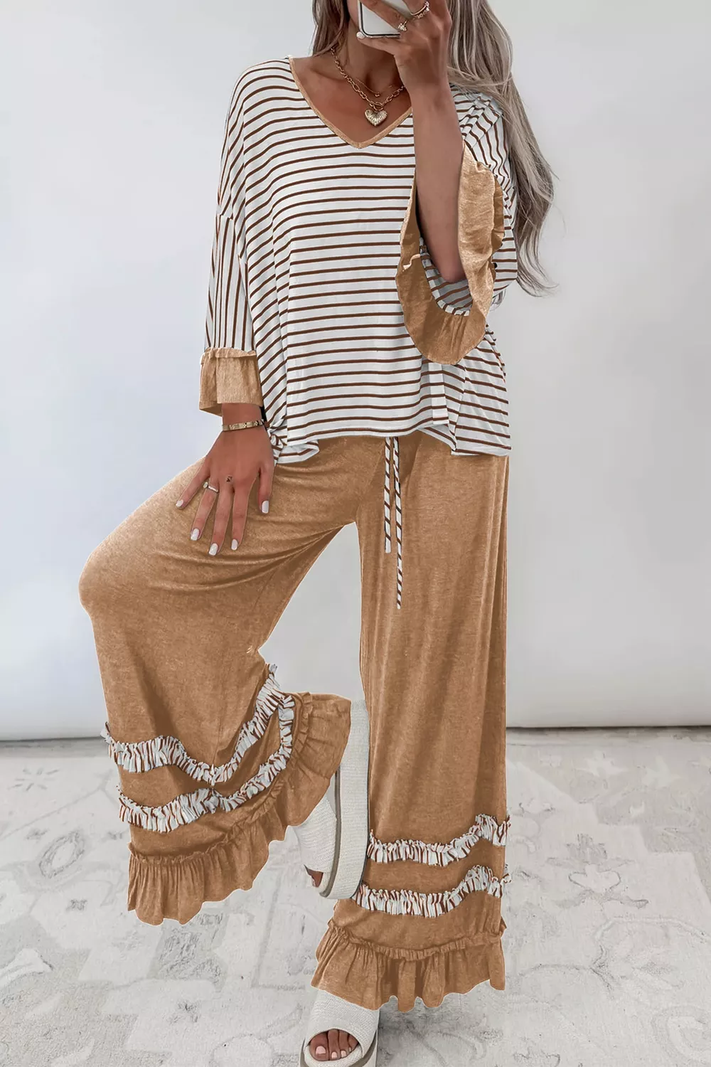 Stripe V Neck Ruffle Contrast Sleeve Top Drawstring Pants 2pcs Set