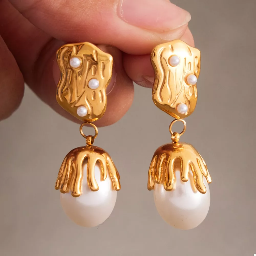 18K Gold-Plated Synthetic Pearl Drop Earrings, image 5
