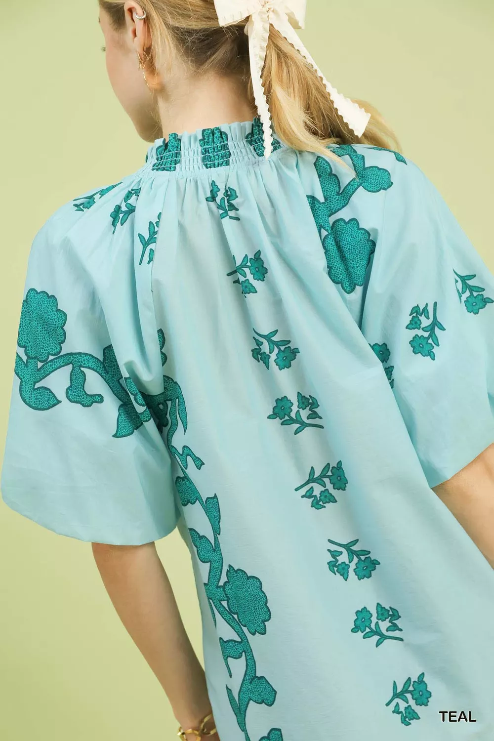Floral Smocked Notched Puff Sleeve Blouse, image 6
