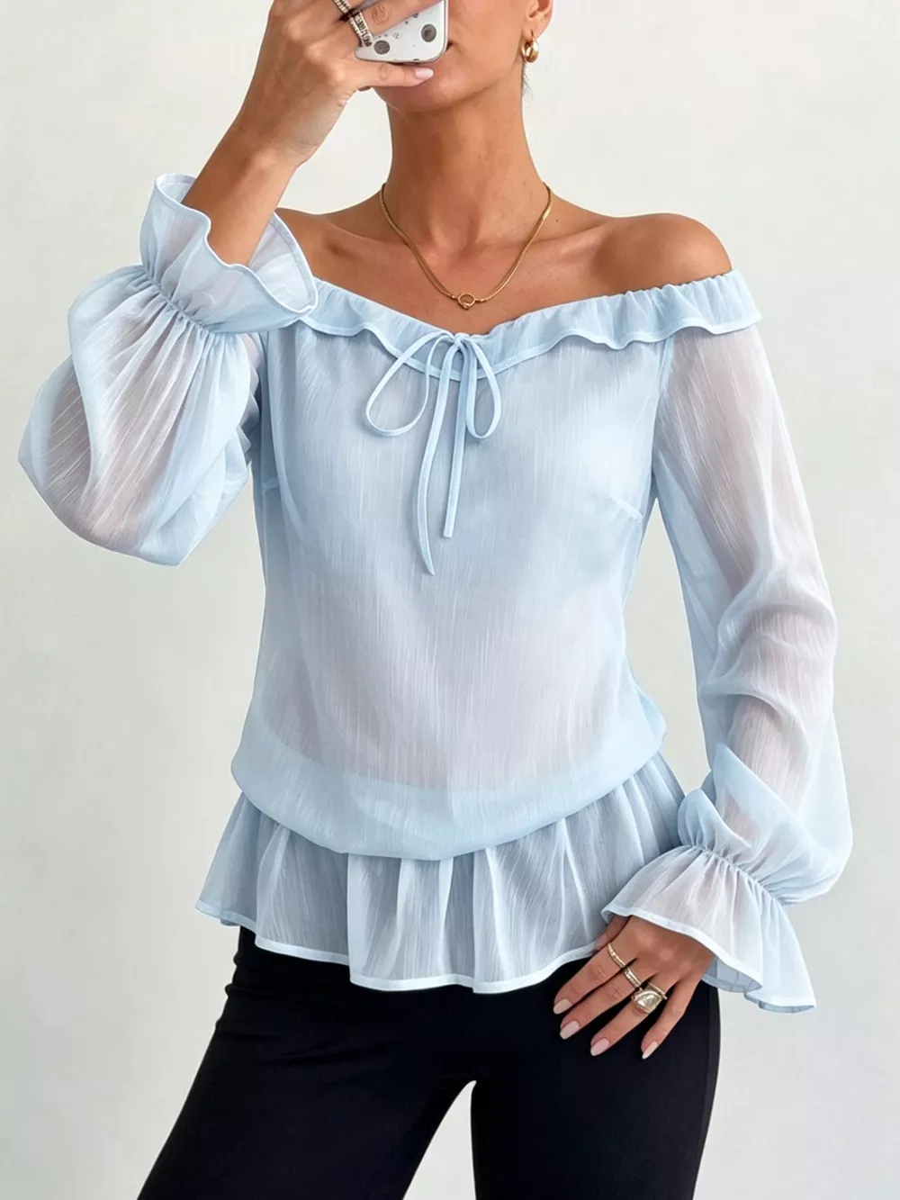 Off-Shoulder Flounce Sleeve Chiffon Blouse, image 12