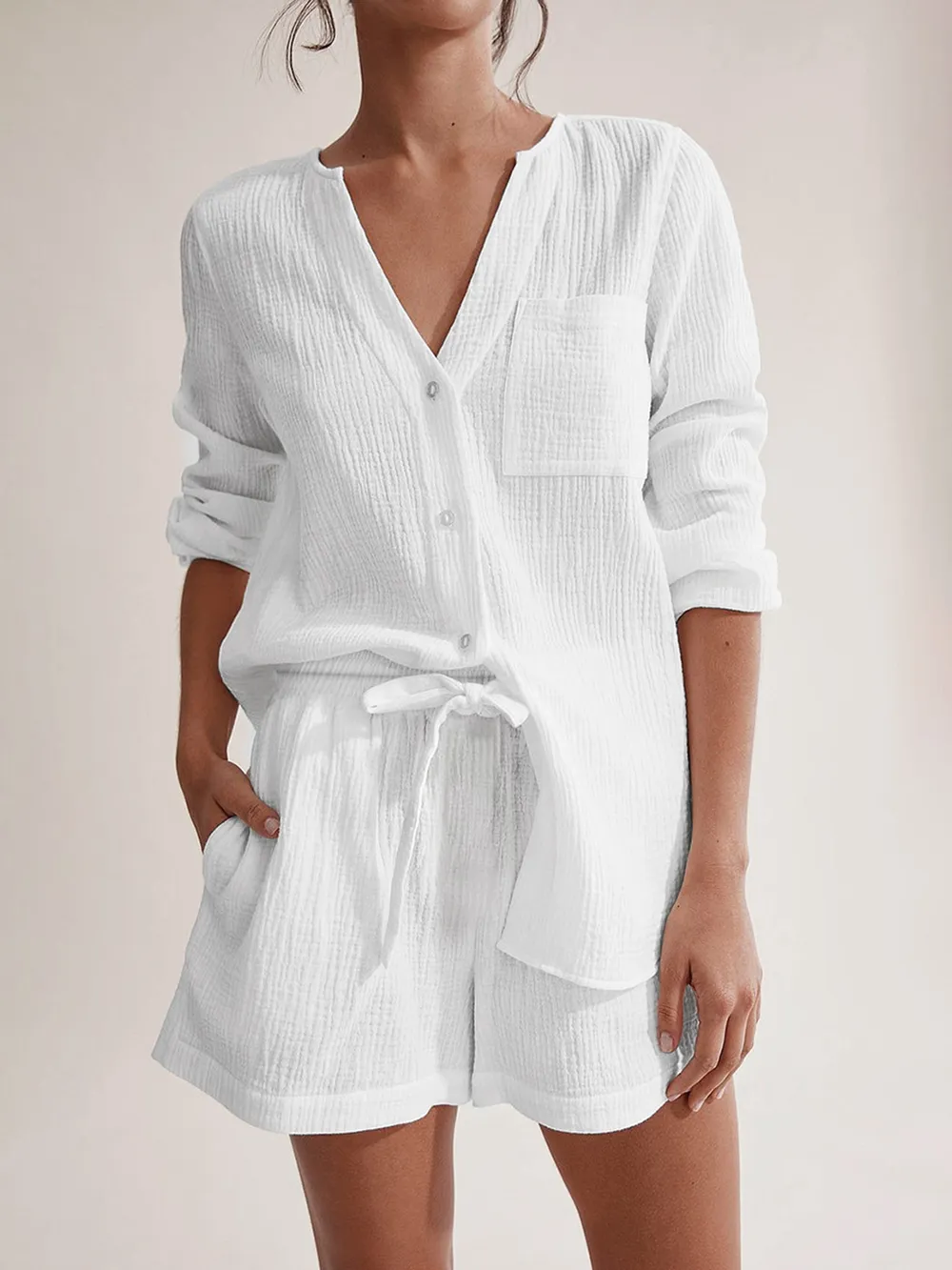 Notched Long Sleeve Top and Shorts Set, image 20