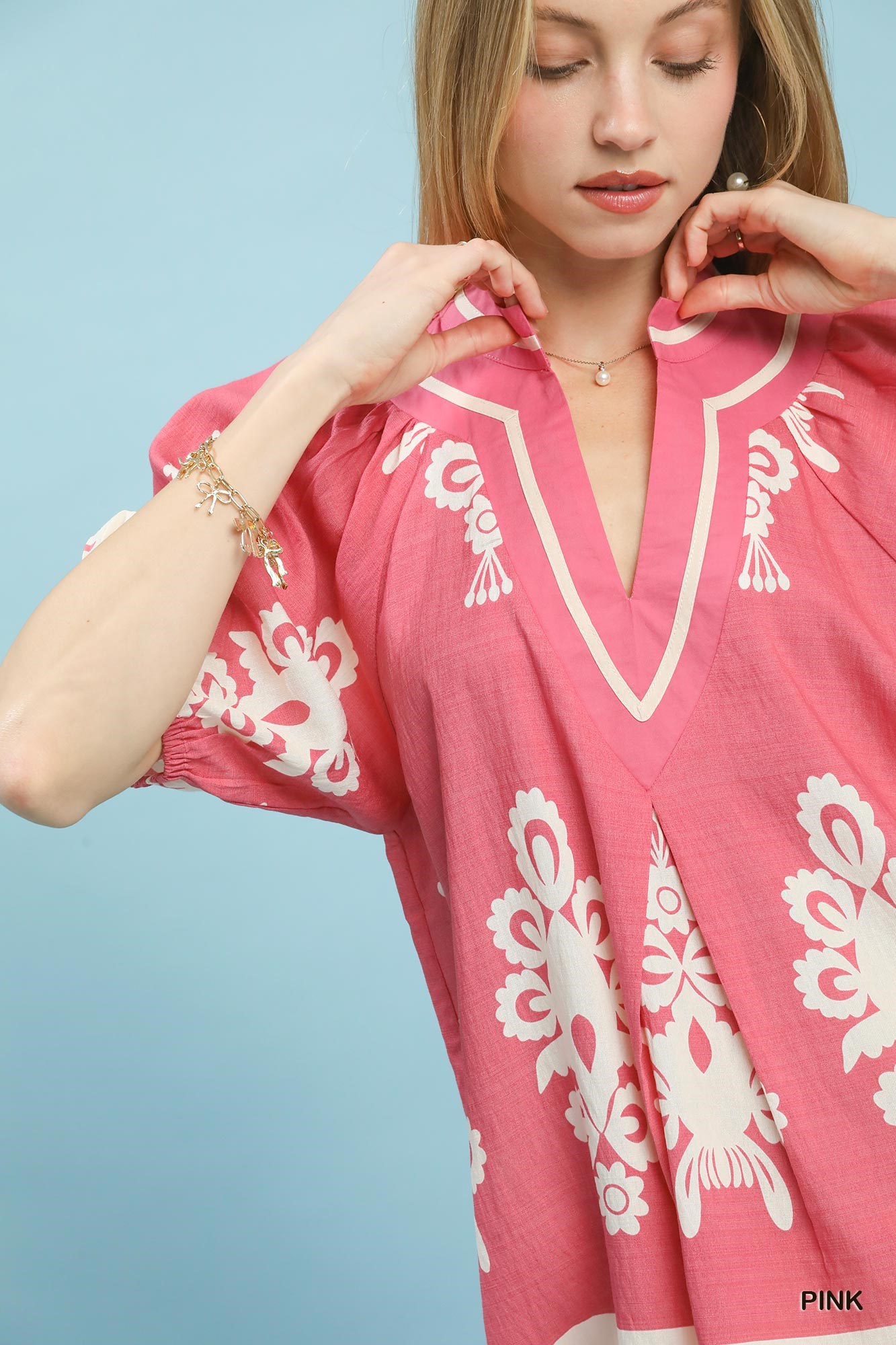 Boho Print Split-Neck Short Sleeve Top, image 5
