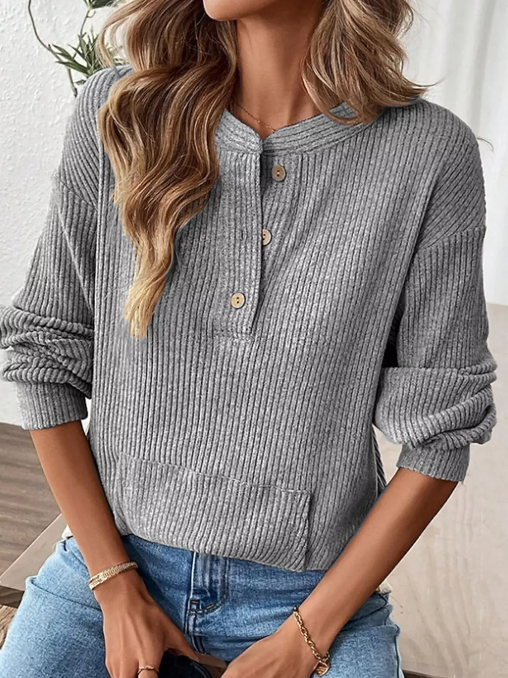 Ribbed Button Detail Long Sleeve T-Shirt, image 2