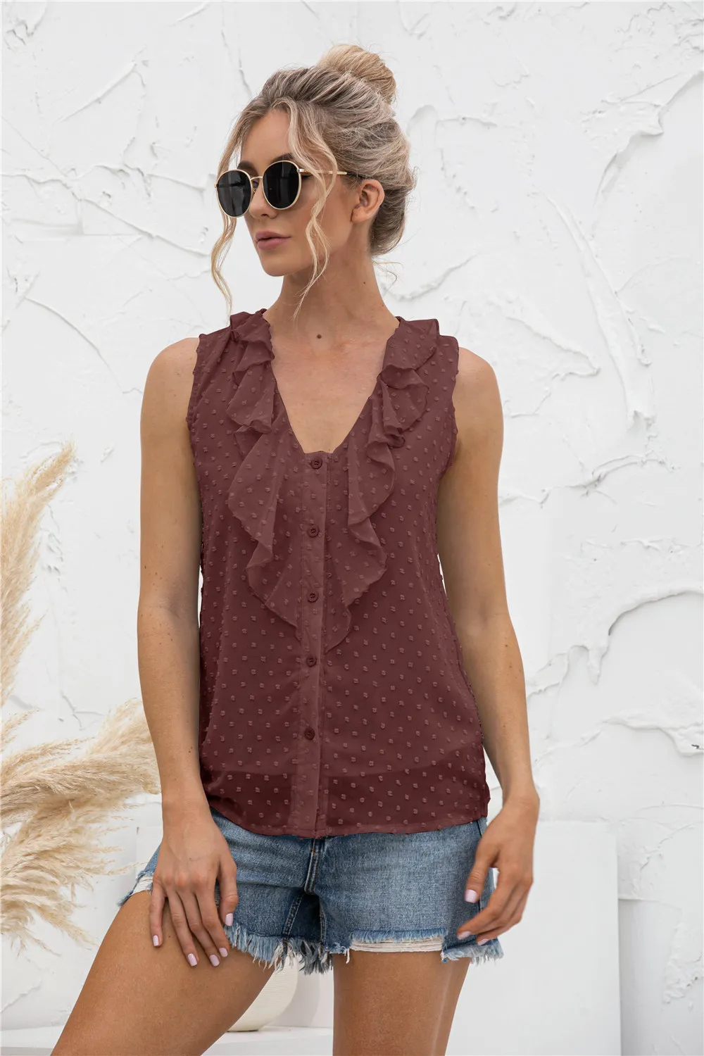 Swiss Dot Ruffled Wide Strap Tank, image 4