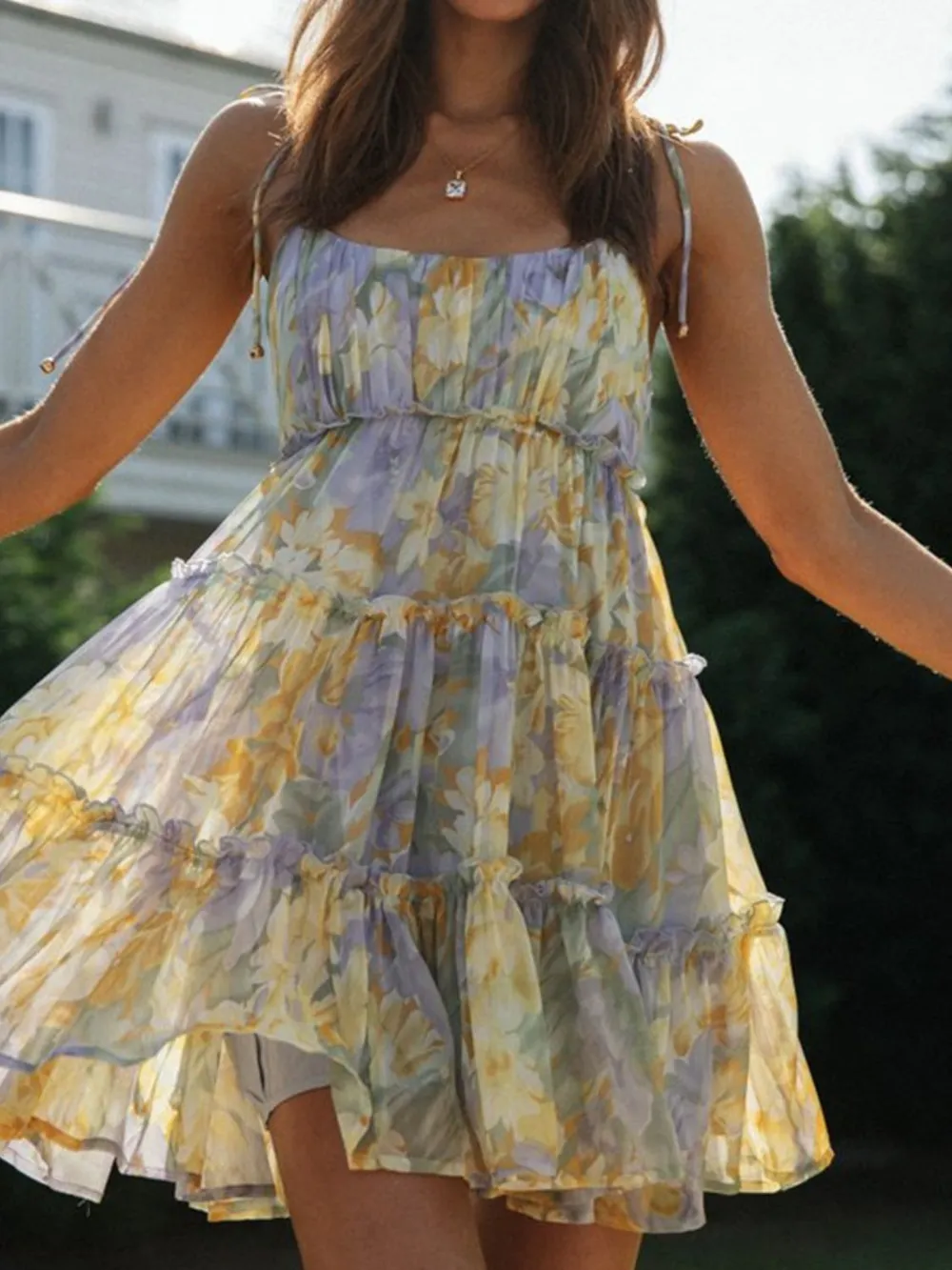 Frill Printed Square Neck Mini Cami Dress, image 15