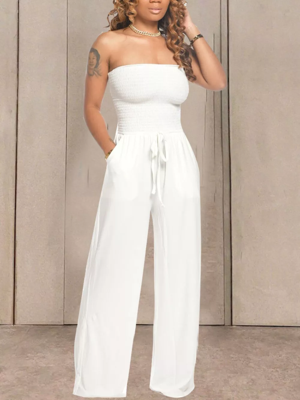Strapless Smocked Wide-Leg Jumpsuit, image 4