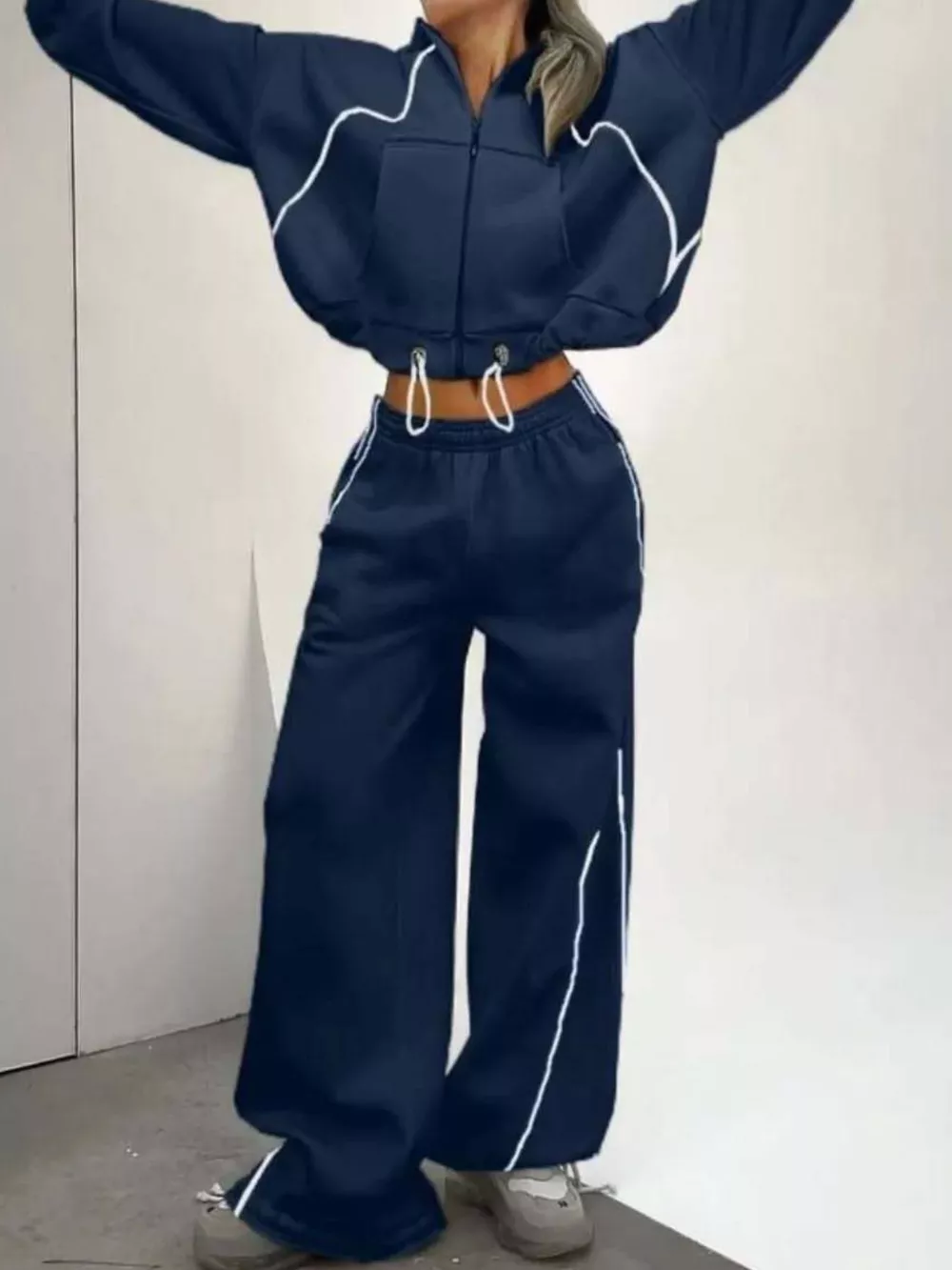 Cropped Zip-Up Hoodie and Wide-Leg Sweatpants Lounge Set, image 9