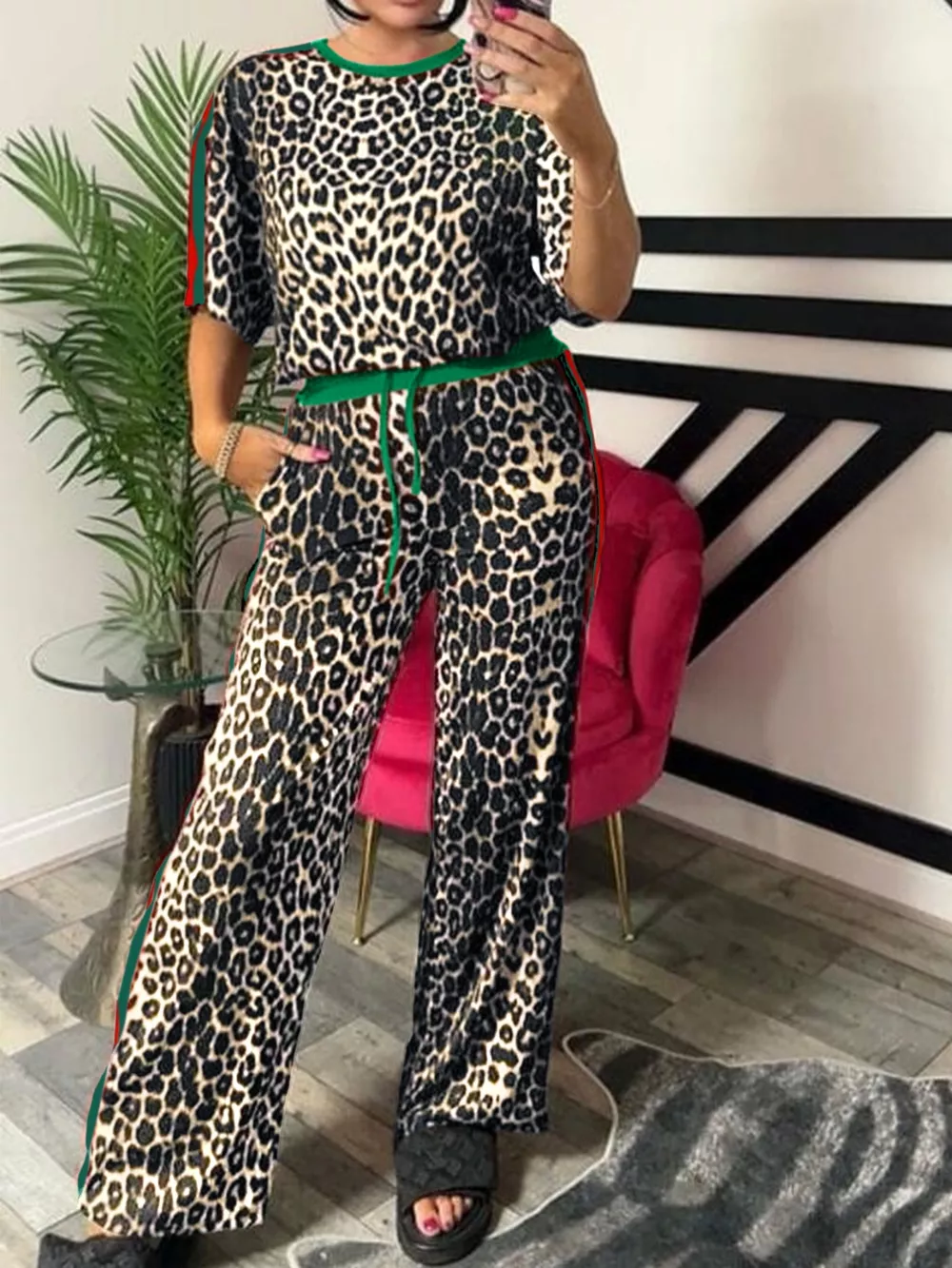 Leopard Round Neck Top and Pants Two-Piece Set, image 17
