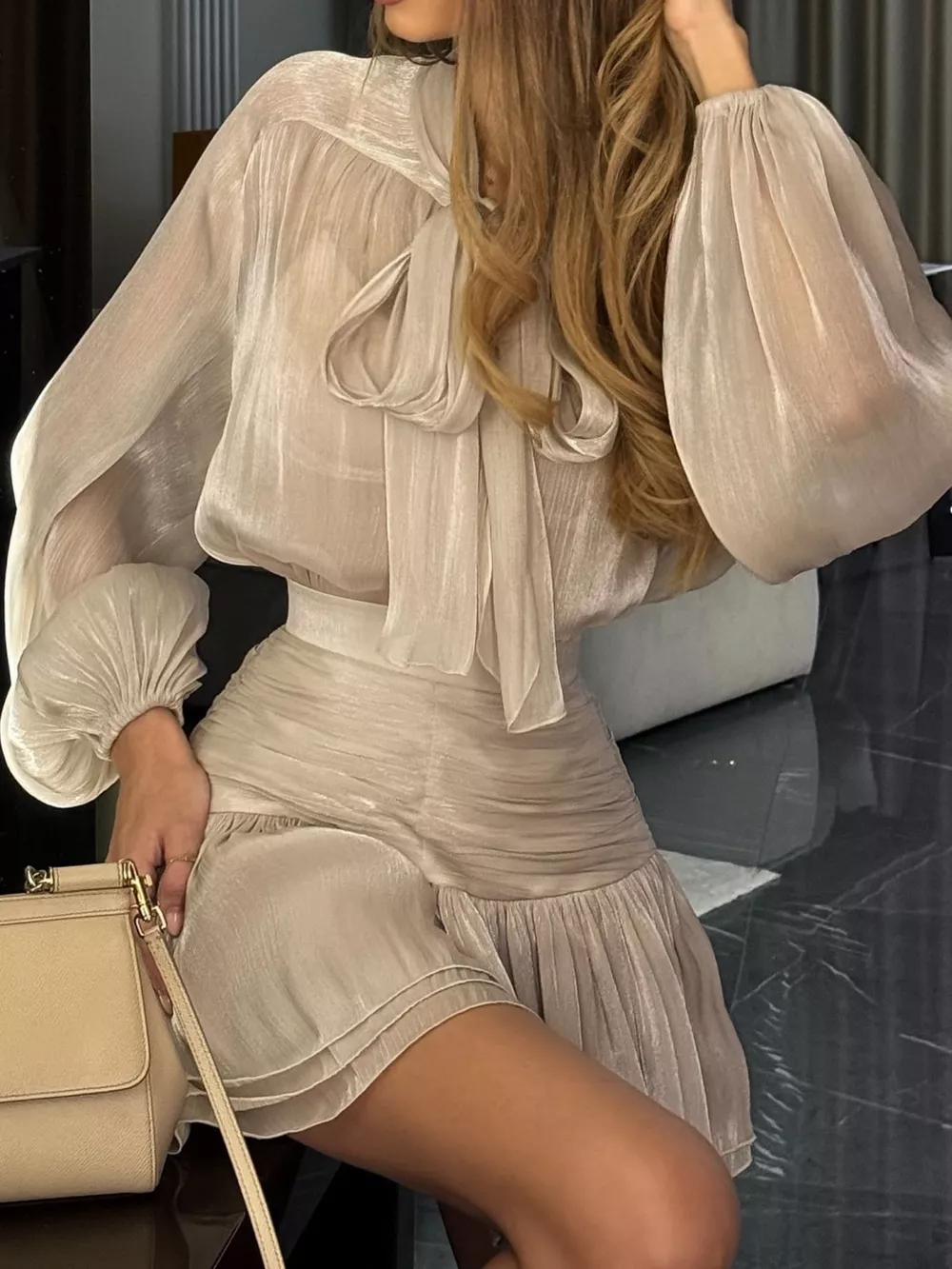 Bow-Tie Blouse and Ruffled Mini Skirt Two-Piece Set, image 5