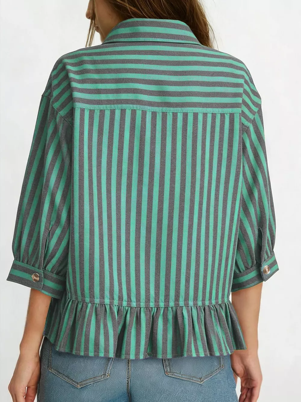 Striped Ruffle Hem Button-Down Shirt, image 9