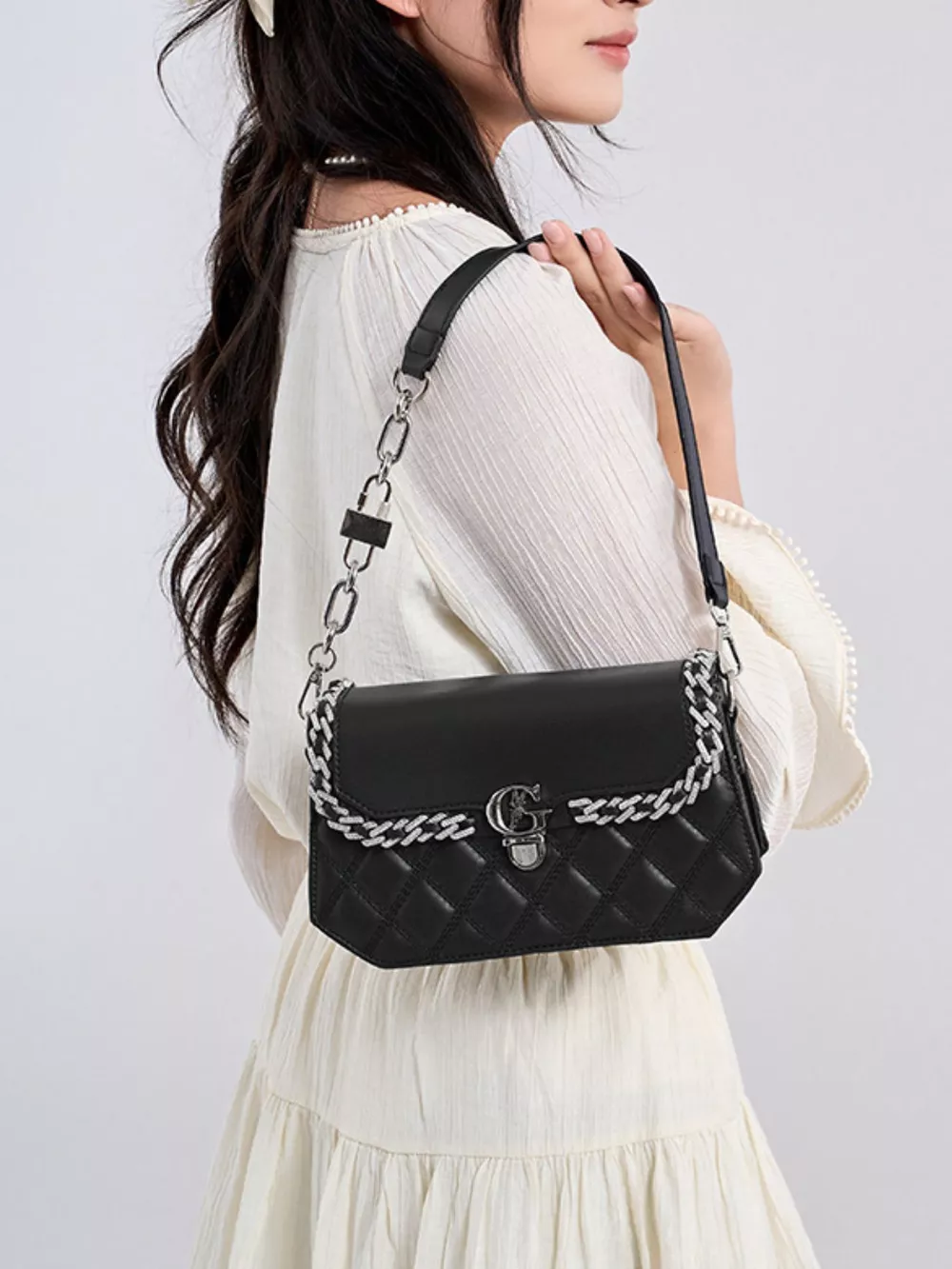Quilted PU Leather Crossbody Bag with Rhinestone Decor, image 11