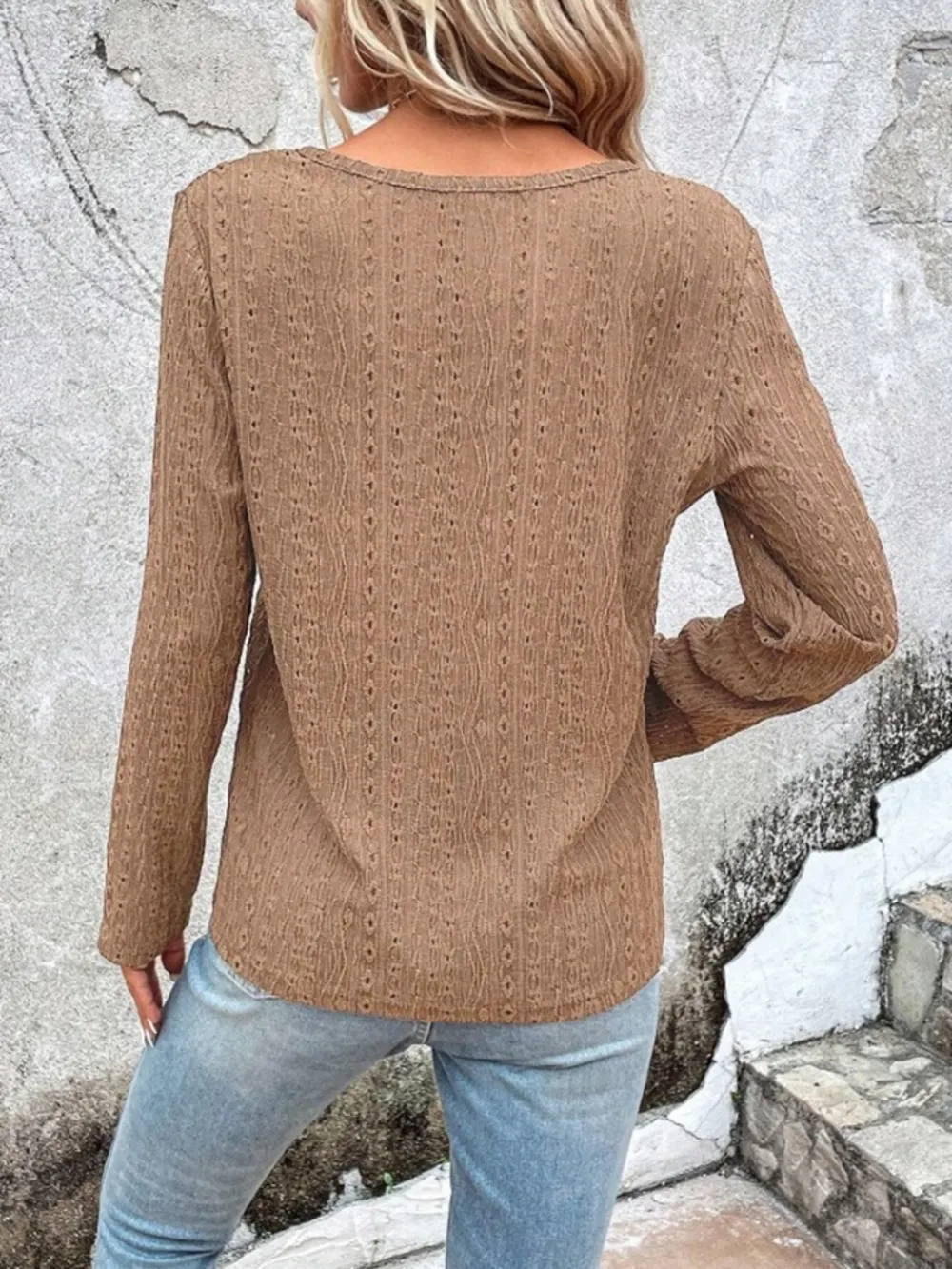 Openwork Half Button Long Sleeve Blouse, image 4