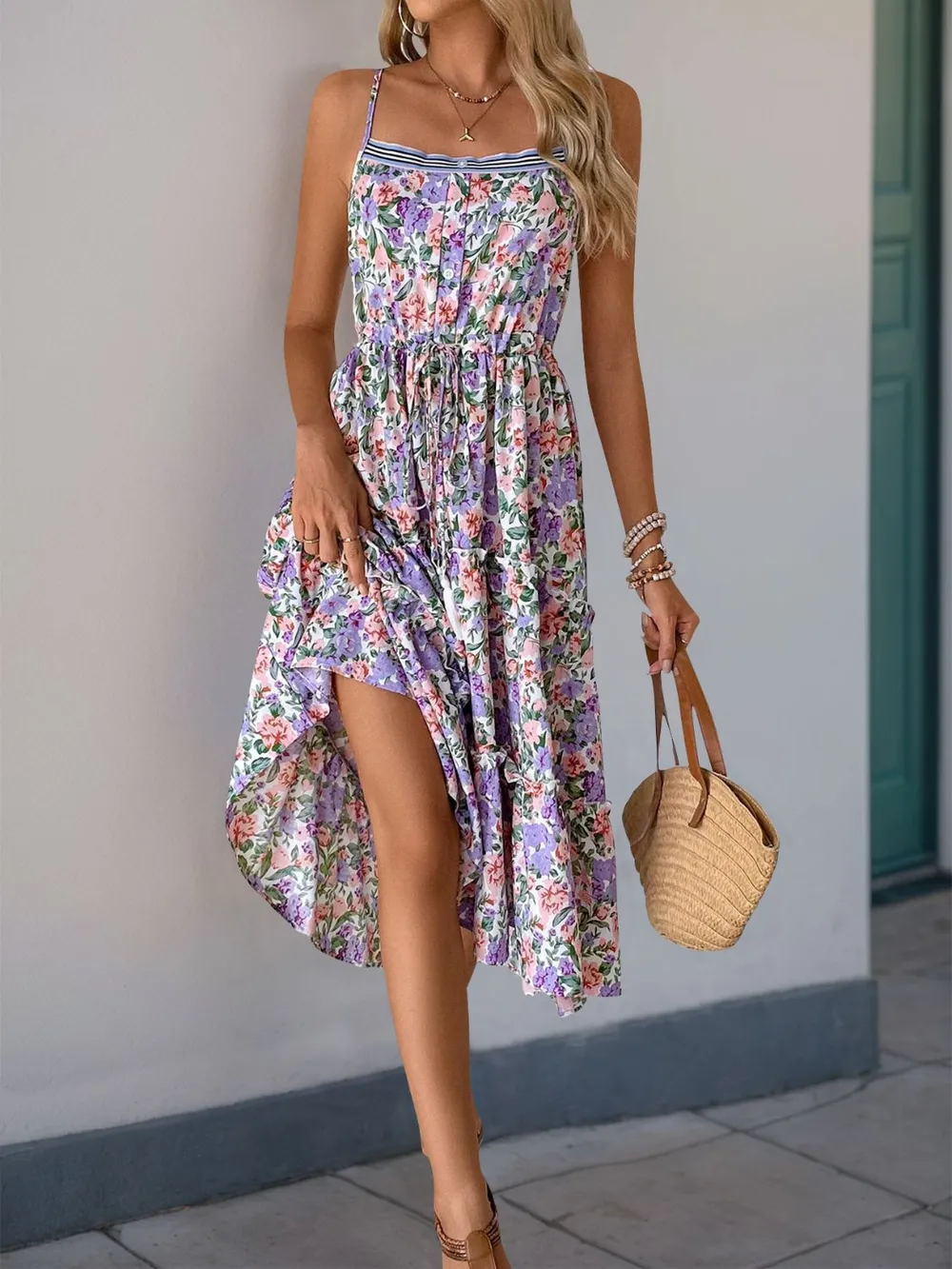 Decor Button Printed Sleeveless Tiered Midi Dress, image 5