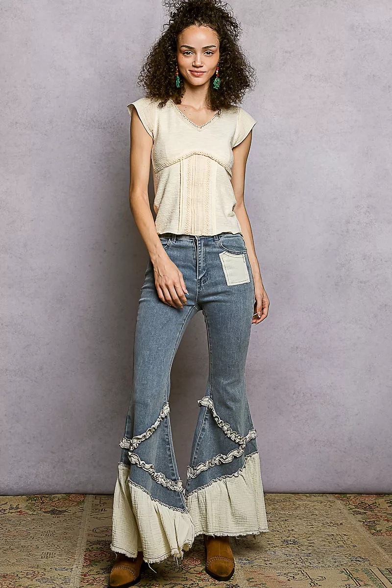 V-Neck Lightweight Textured Short Sleeve Knit Top with Lace Trim, image 17