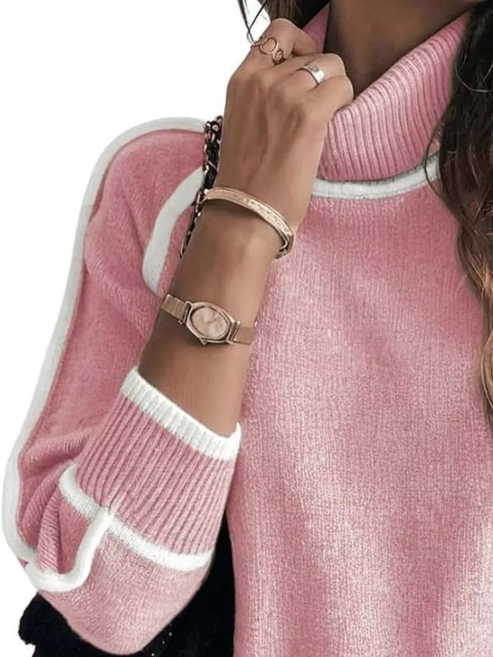 Full Size Turtleneck Contrast Trim Sweater Plus Size, image 26