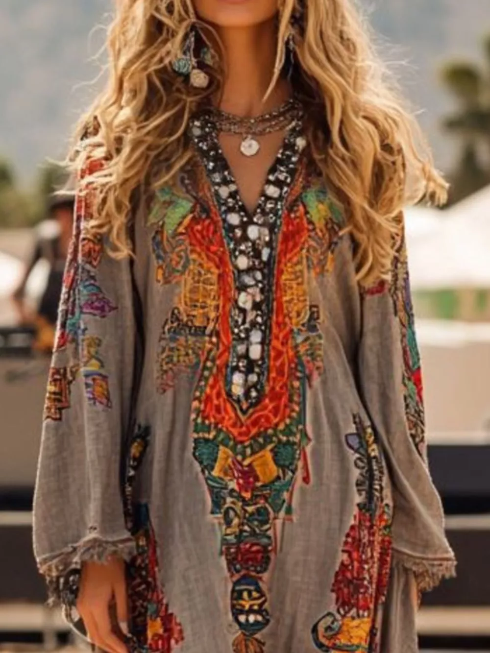 Fringe Hem Notched Long Sleeve Dress, image 2