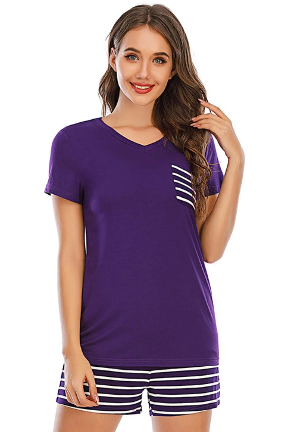Striped Short Sleeve Top and Shorts Lounge Set, image 25