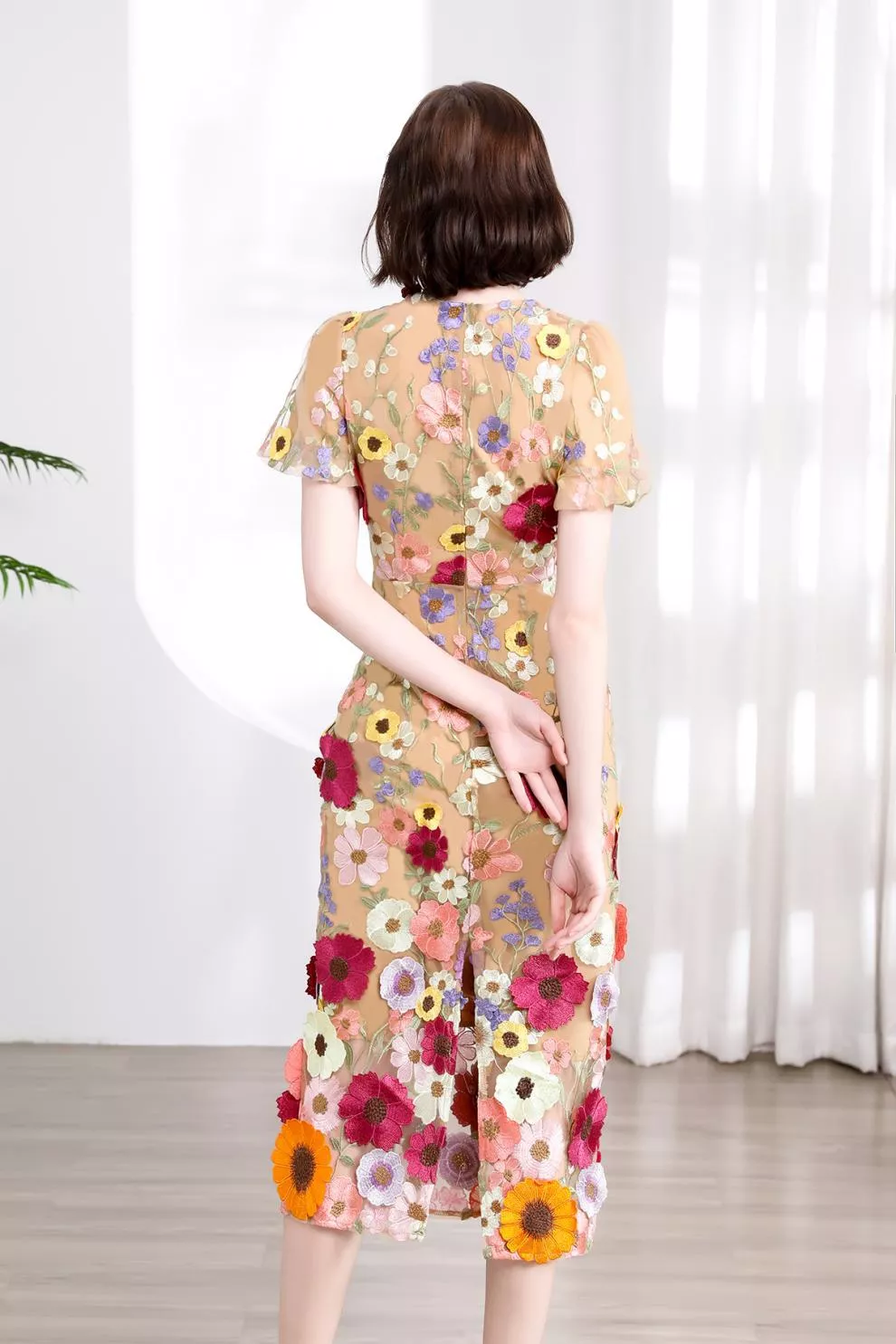 Floral Embroidered Puff Sleeve Midi Dress, image 35