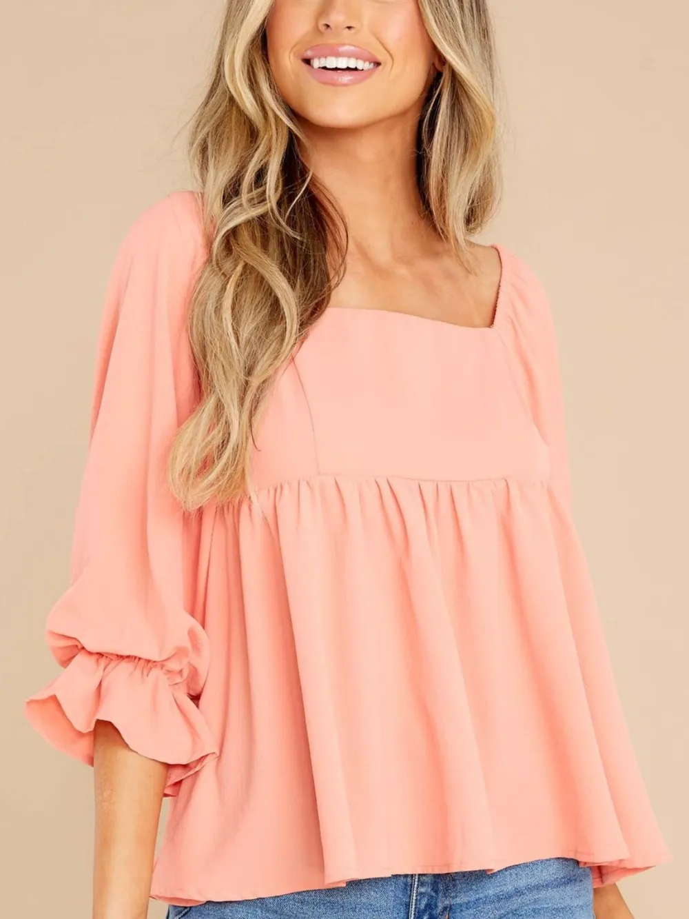 Smocked Square Neck Flounce Sleeve Blouse, image 11