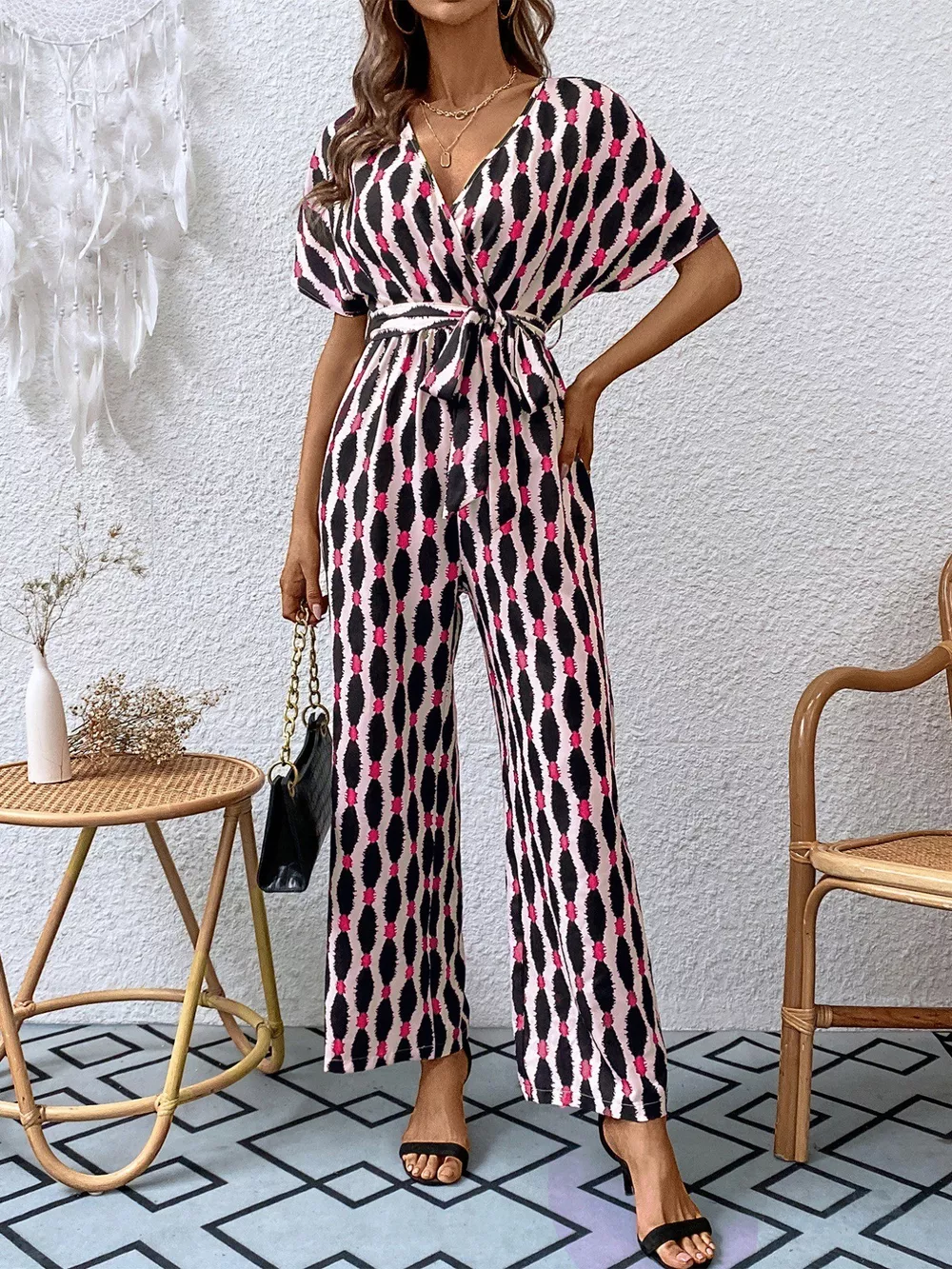 Printed Surplice Tie Waist Short Sleeve Jumpsuit, image 21