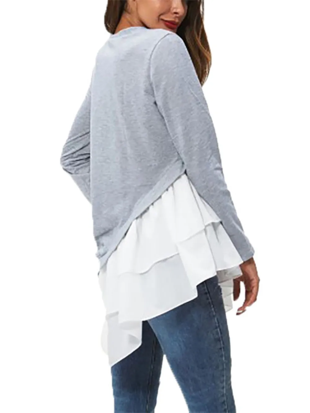 Tiered Contrast Round Neck Long Sleeve T-Shirt, image 5