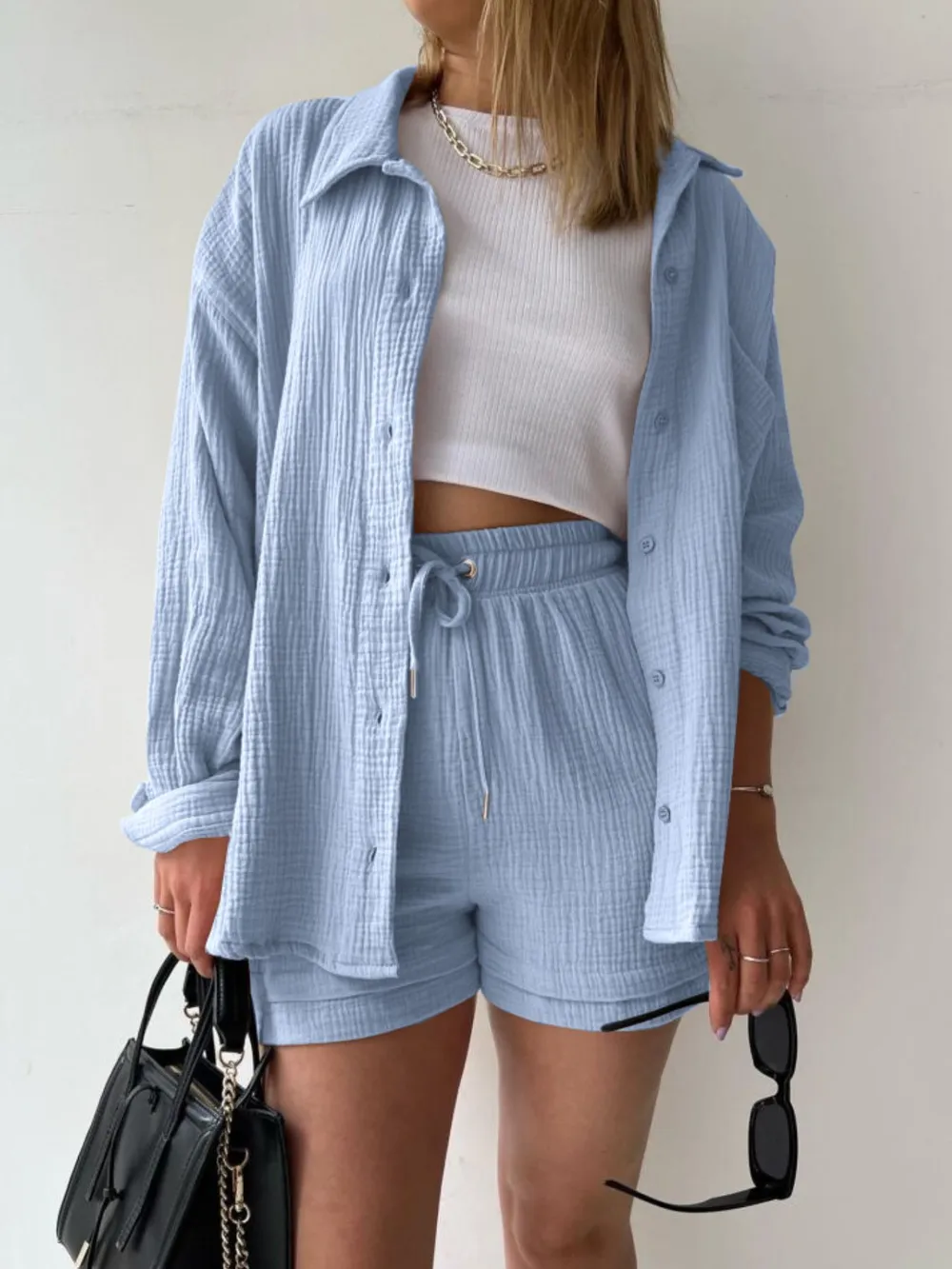 Textured Button Up Shirt and Shorts Set, image 36