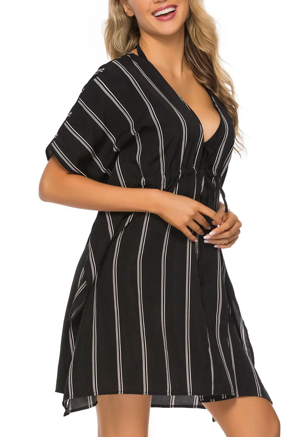 Drawstring Striped V-Neck Cover-Up, image 5