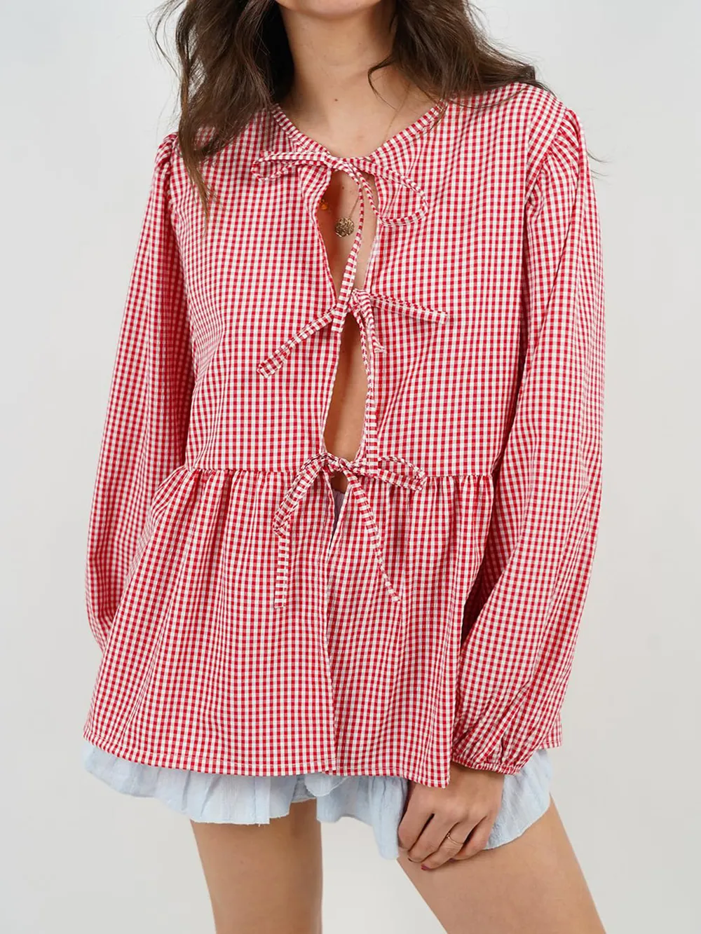 Tied Round Neck Long Sleeve Blouse, image 9