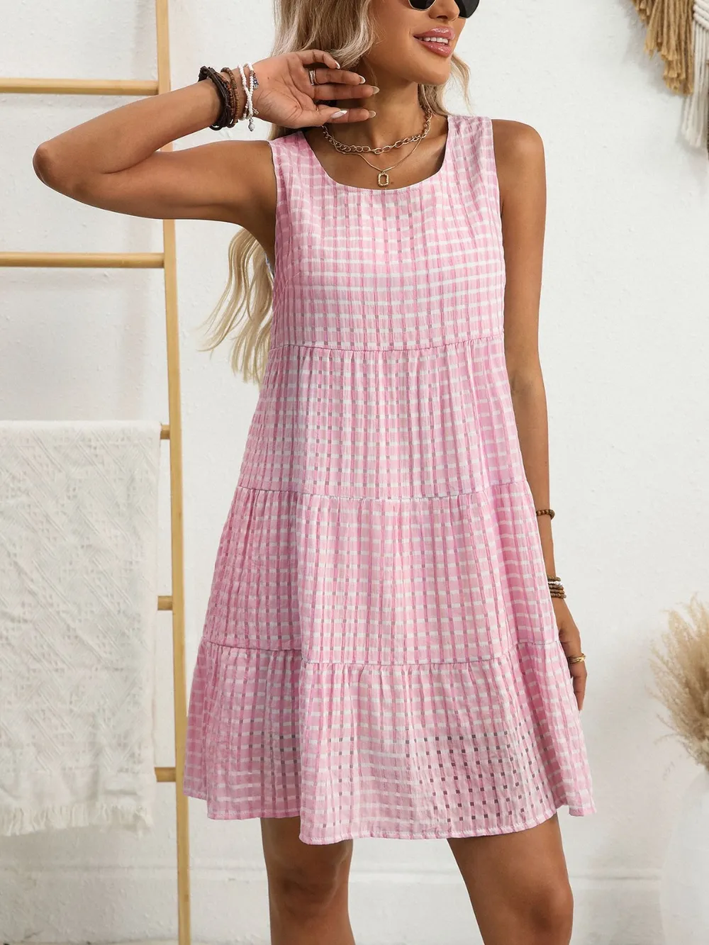 Plaid Round Neck Sleeveless Mini Dress, image 28