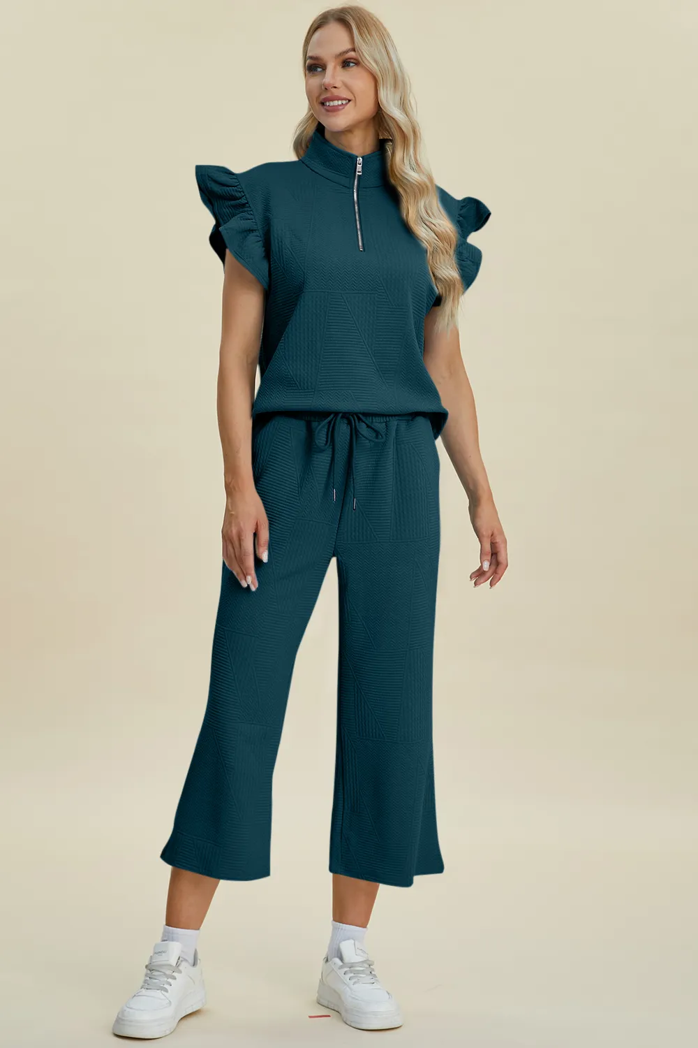 Full Size Texture Ruffle Short Sleeve Top and Wide Leg Pants Set, image 35