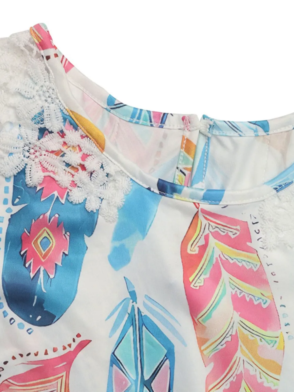 Printed Round Neck Lace Short Sleeve Top, image 8