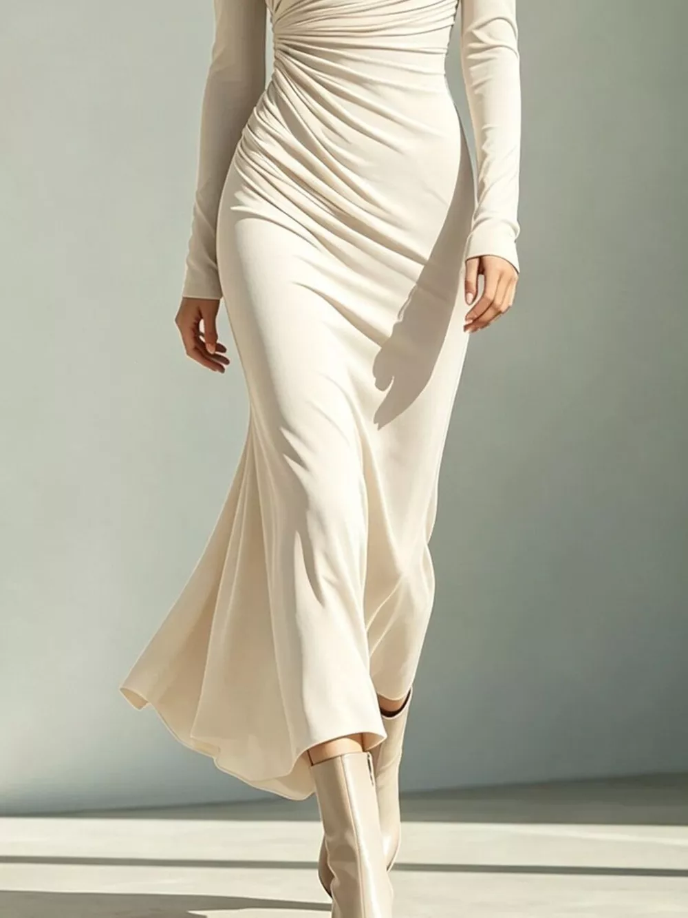 Asymmetrical Neck Ruched Long-Sleeve Dress, image 12