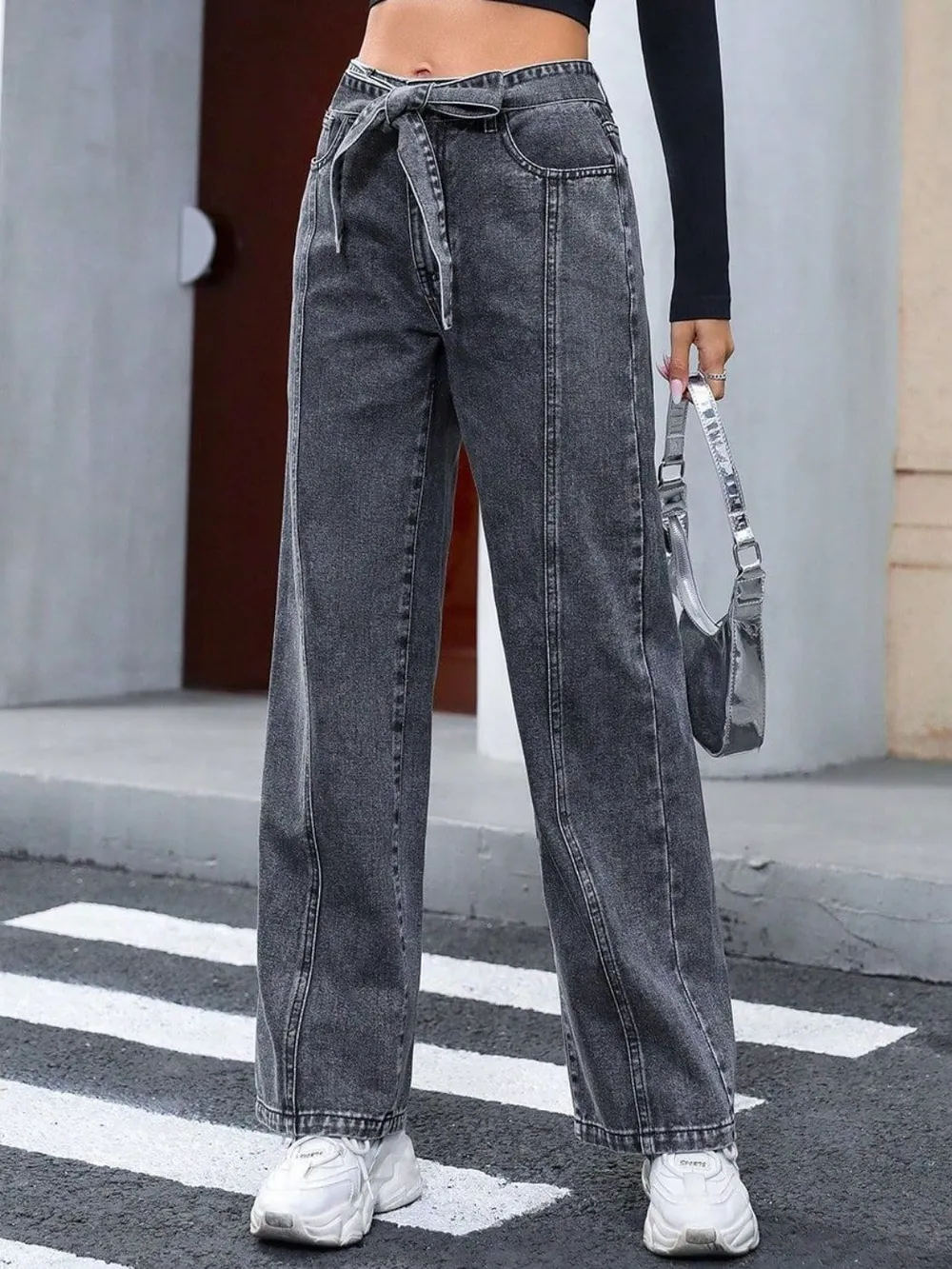 Tied Straight Leg Jeans with Pockets, image 3