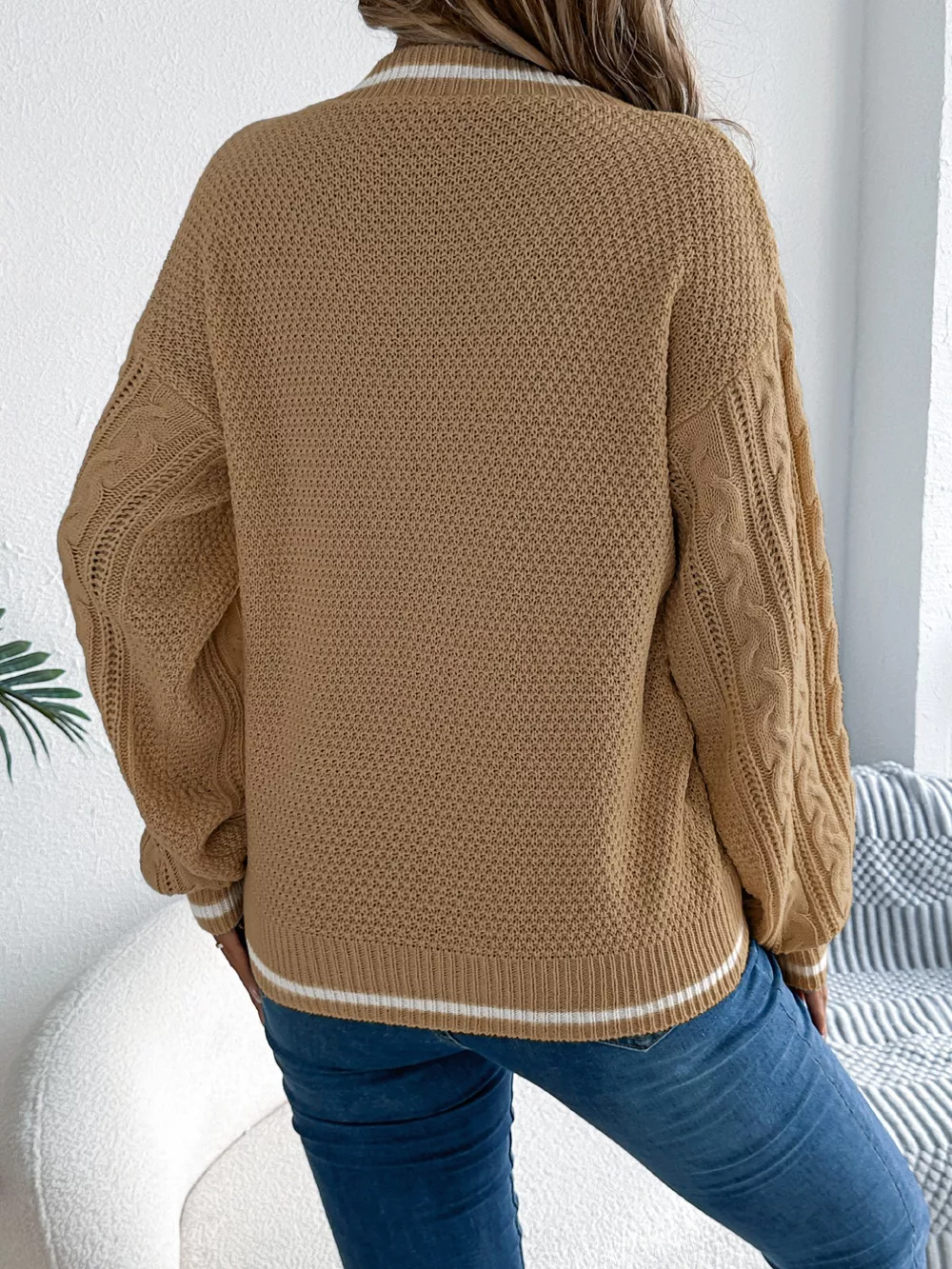 Cable Knit V-Neck Long Sleeve Sweater, image 4