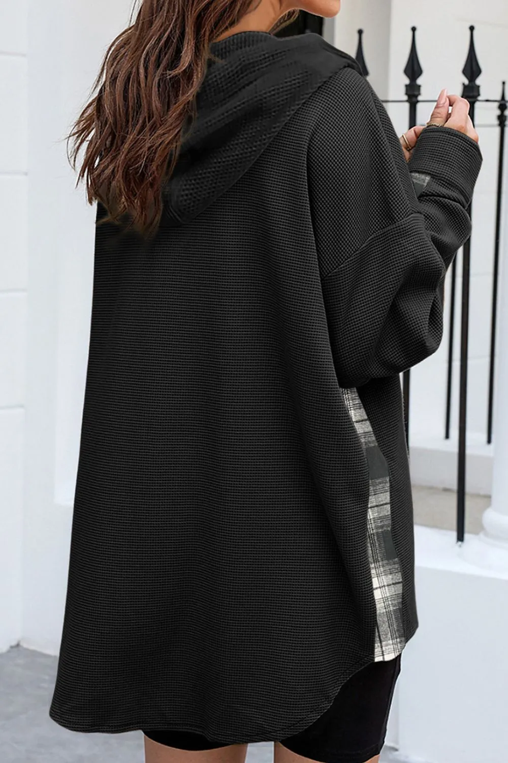 Waffle Knit Plaid Patchwork Drawstring Hooded Shacket, image 18