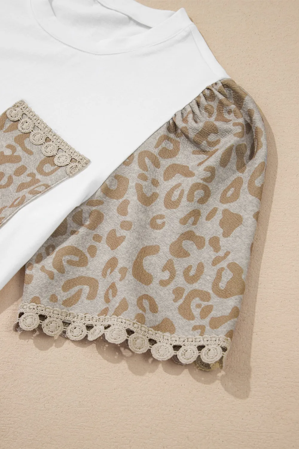 Leopard Patchwork Crochet Lace Trim Puff Sleeve T Shirt, image 10