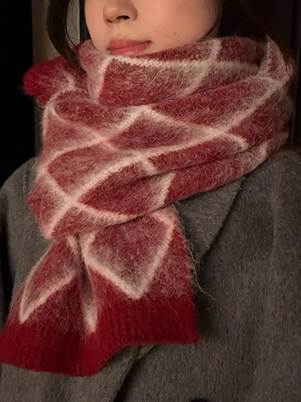 Diamond Pattern Fuzzy Knit Scarf, image 6