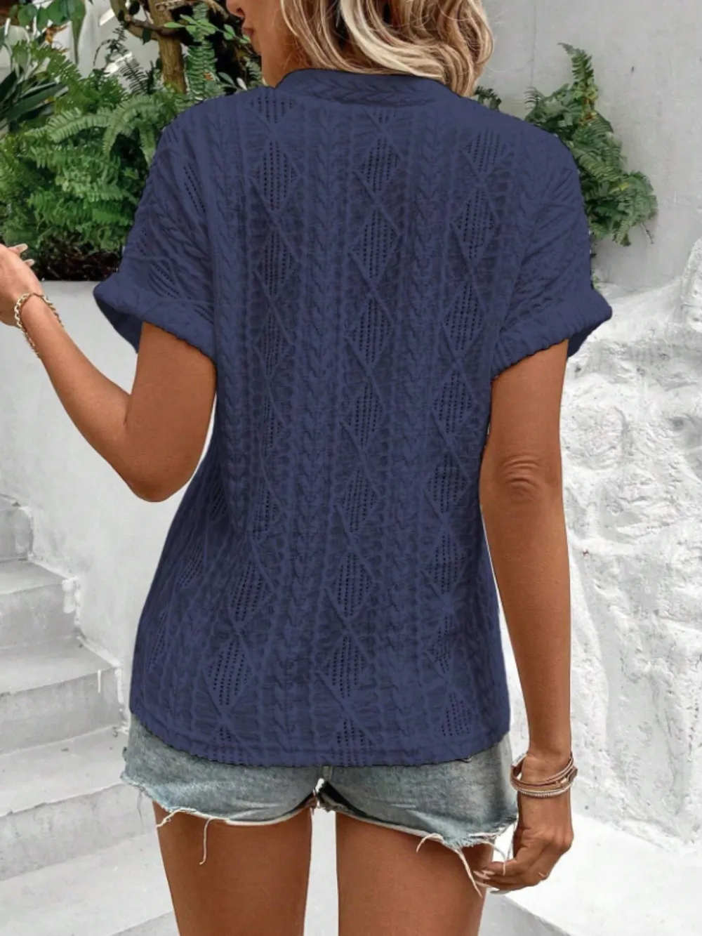 Openwork Notched Short Sleeve Blouse, image 14