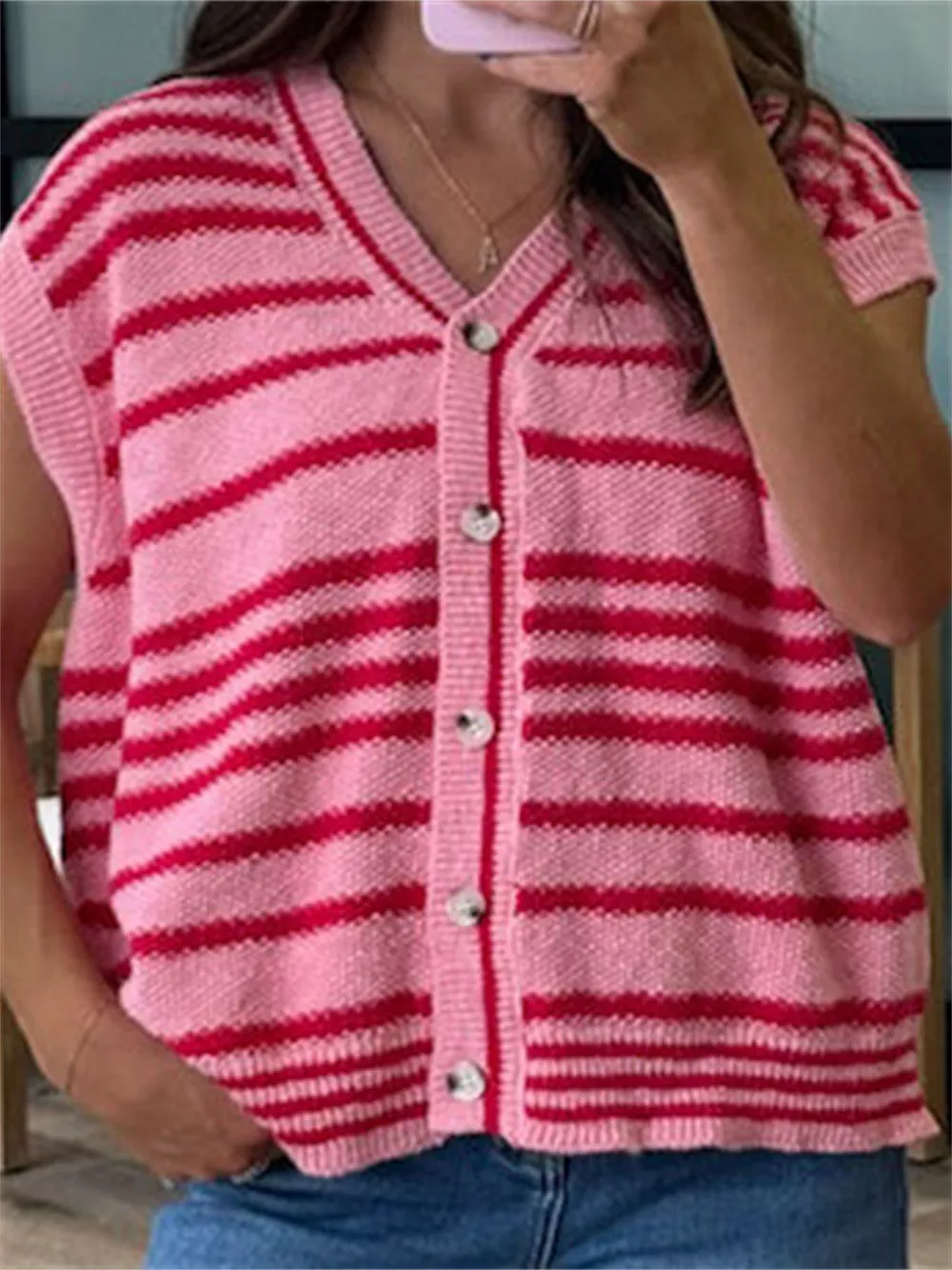 Striped Knit Button Up Cap Sleeve Cardigan, image 8