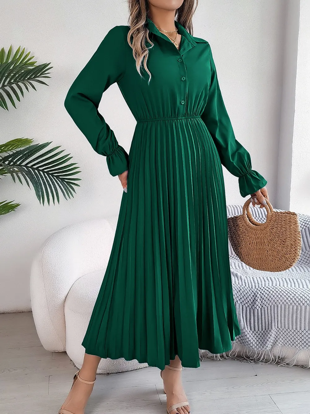 Pleated Half Button Long Sleeve Midi Dress, image 24